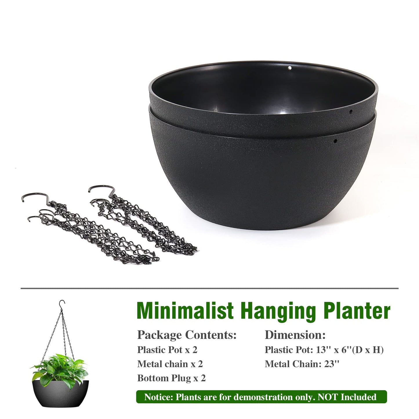 WSMKSZ 13 inch Large Hanging Planters Plant Pots for Outdoor Indoor Plants with Drainage Holes and Chain, 2 Pack Round Hanging Flower Pots for Garden Home Porch Decor, Black