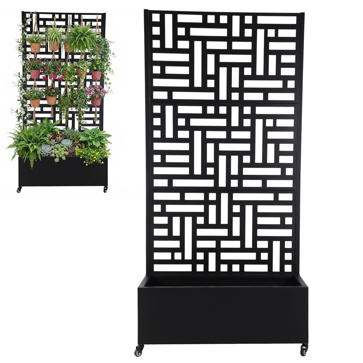 AZURAOKEY Metal Planter Box with Trellis Standing Planter Box for Climbing Plants/Vines Raised Garden Bed On Wheels 70.87x35.43x15.75 Inch (02)