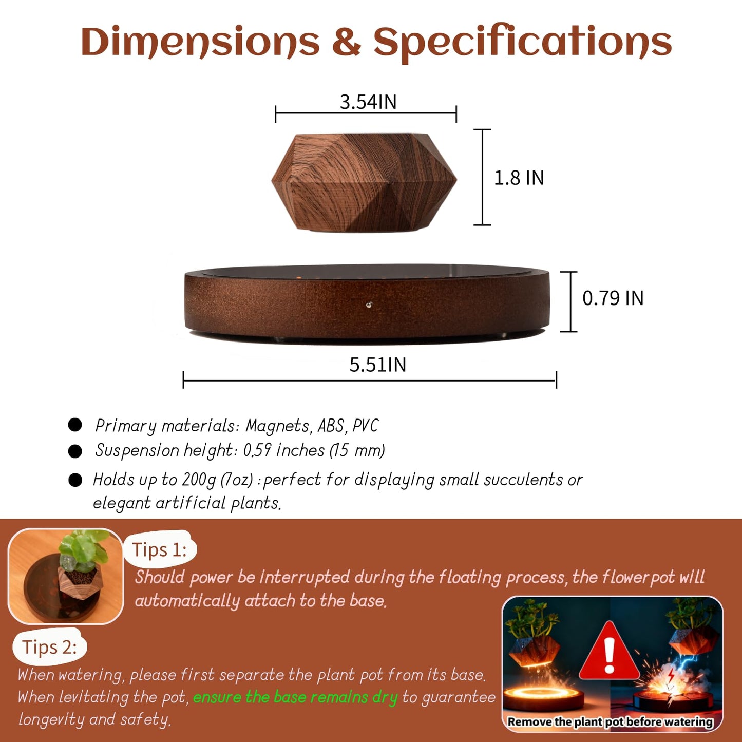 MOOCCI Levitating Plant Pot with Light, Magnetic Floating Flower Pot with Rotating and Auto-Spinning, Brown Wood Grain Planter for Succulents, Cool Desk Decor for Home Office, Unique Gift Idea