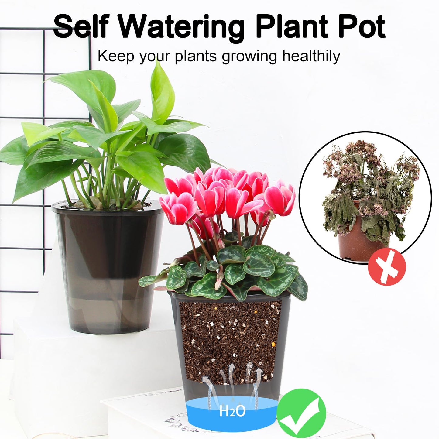 Oliz Self Watering Planter 8 Pcs,4.3 Inch Flower Plant Pot with Inner Pot, Indoor Self Watering Planter Pot for Herbs, Flowers