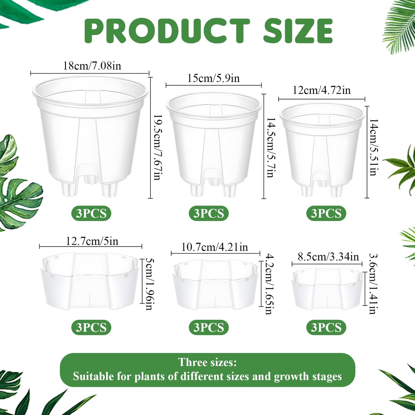 Qulkws 9 Piece Clear Flower Pots Self Watering Pots with Drainage Holes and Deep Reservoir Flexible Plastic Planter Pot for Indoor/Outdoor Plants(4.7'', 5.9'' and 7'')