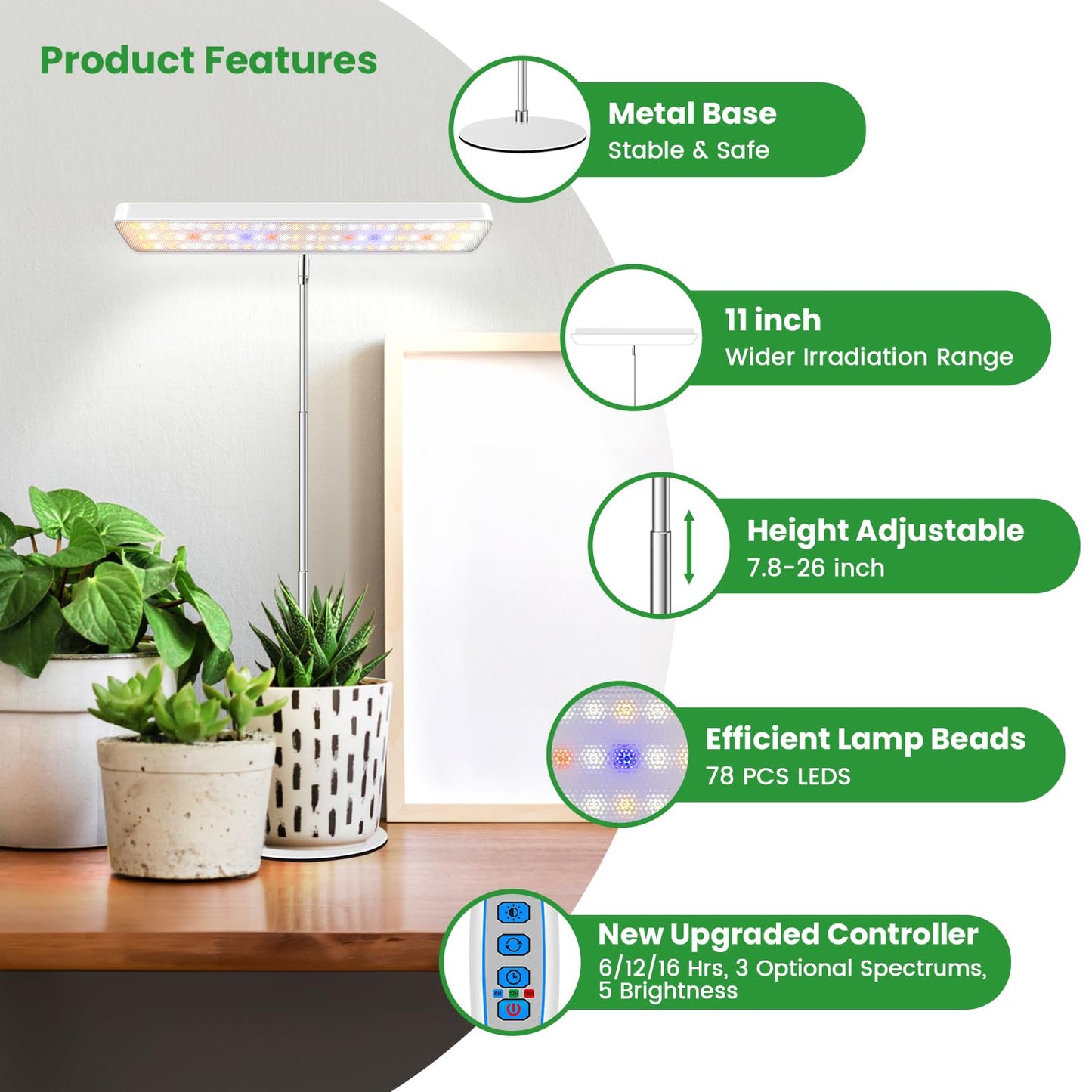 Wiaxulay Grow Light, 78 LED Plant Light for Indoor Plants, Full Spectrum Desktop Growing Lamp with Auto Timer 6/12/16 Hrs, 3 Lighting Modes, 5 Dimmable Levels, Height Adjustable 7.8"-26", 1 Pack