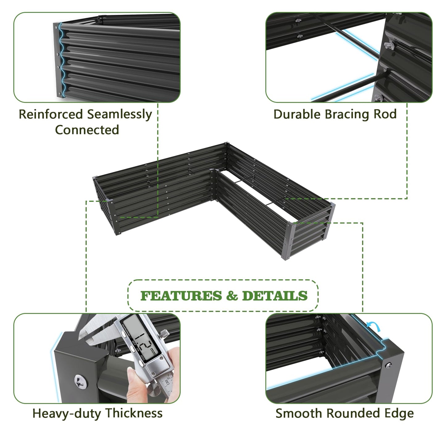 A ANLEOLIFE L-Shaped Galvanized Raised Garden Beds Outdoor,74x74x18in Large Metal Planter Box for Planting Vegetables Flowers Herb, Anti-Rust & Easy-Setup, Quartz Grey