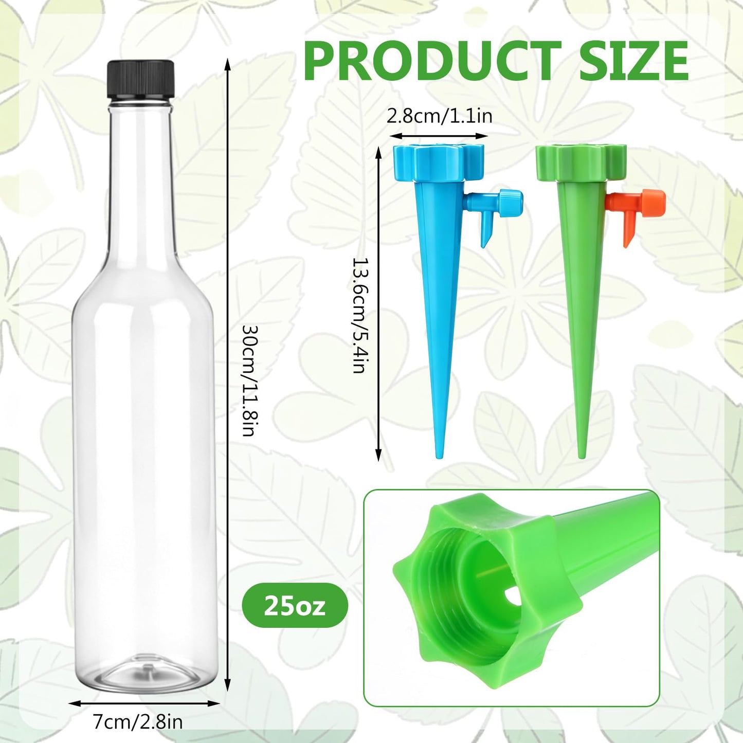 Ferrochef 6 Set Plant Watering Devices with Self Watering Spikes Automatic Planter Insert Spikes with Bottle Waterer Devices with Adjustable Control Valve for Vacation Garden Indoor(25 oz Bottle)