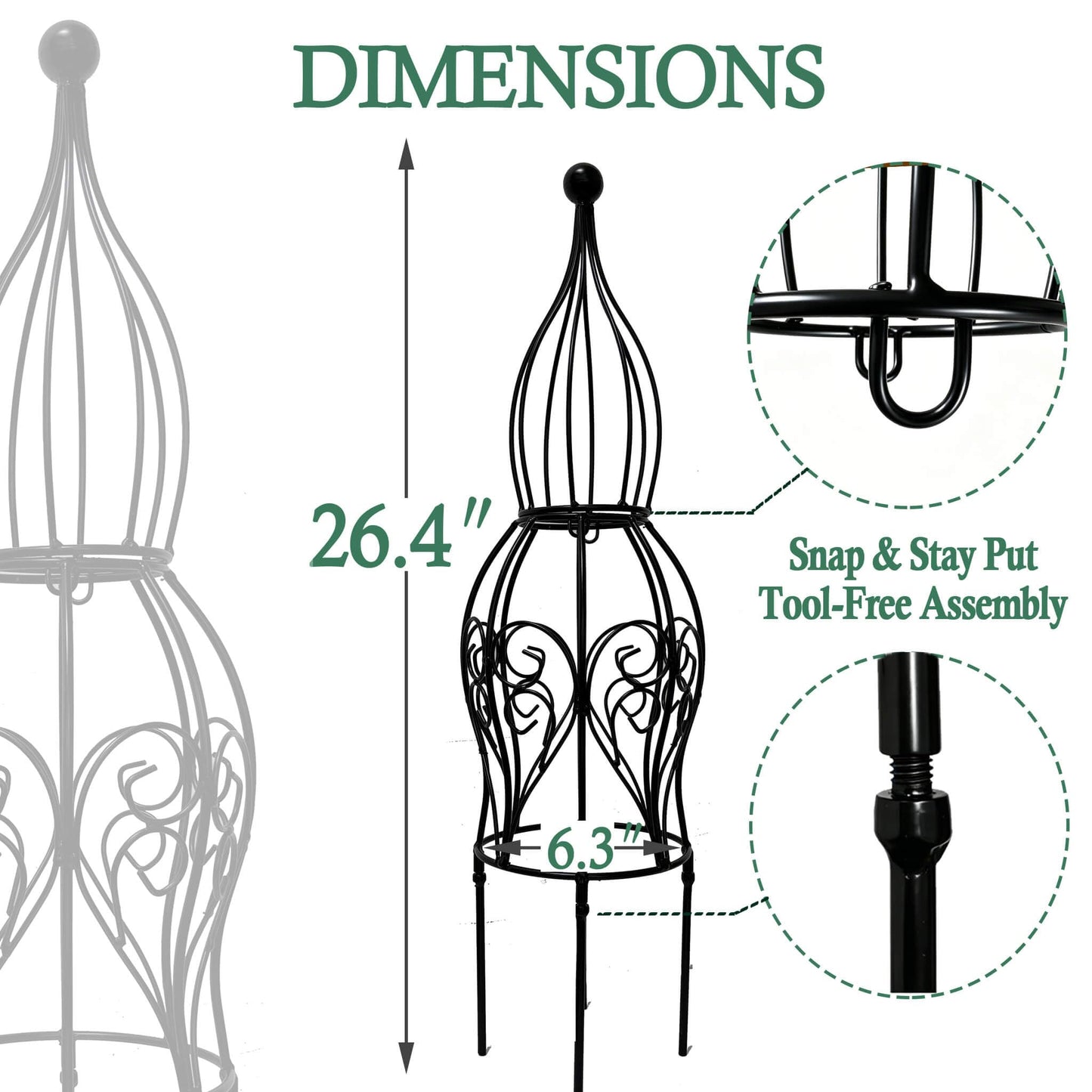 2-Pack Garden Obelisk Trellis, 26.4" Tall Metal Plant Support for Climbing Roses, Clematis & Climbing Vines, Tool-Free Snap Assembly, Decorative Accent for Patio Planters & Balcony Gardens