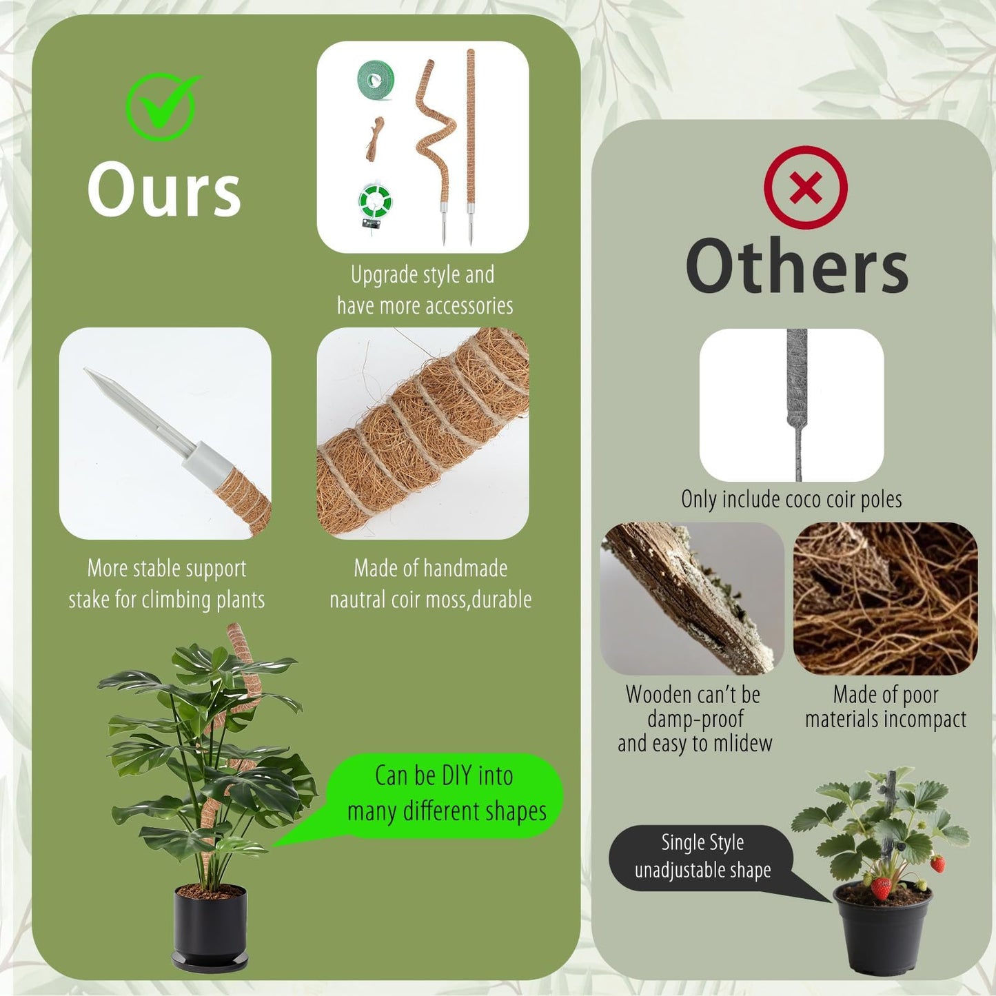2 Pack Moss Pole, 63 Inch Monstera Plant Support, Moss Poles for Climbing Indoor Plants, Bendable Coco Coir Plant Support Stakes for Potted Plants, Pothos, Philodendron