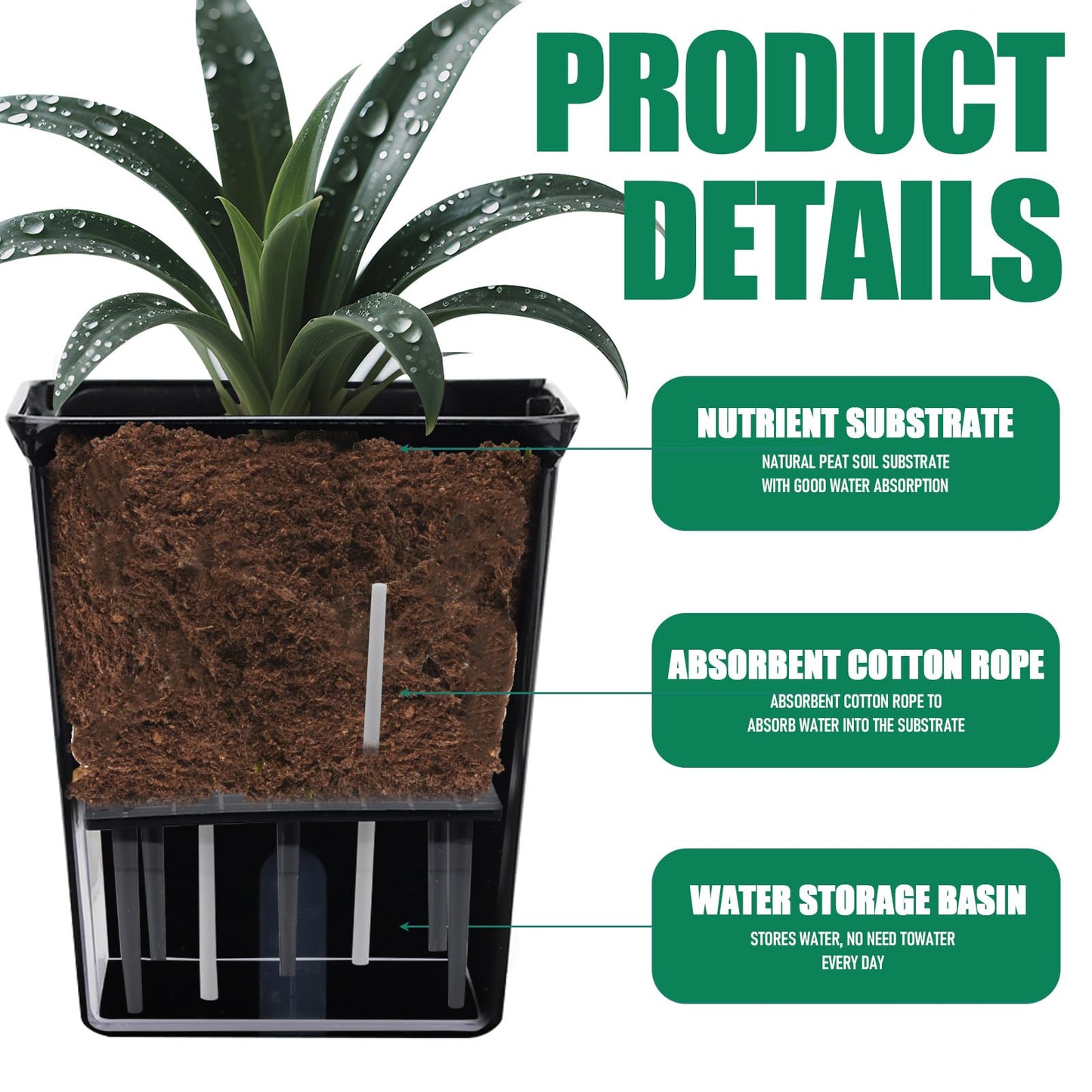 YITOBA 3 Sizes Clear Self Watering Pots Set, Small Flower Pots for Indoor Plants with Visible Reservoir and Wick Rope, Plastic Indoor Planter for Seedlings, Orchid African Violet (Black)