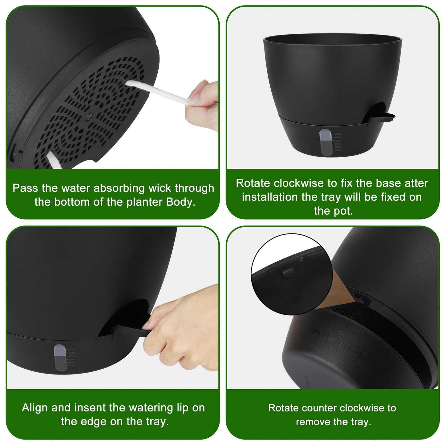 QRRICA Self-Watering Plant Pots with Water Level Indicator, Drainage Holes & Saucers – 12/10/9 Inch Large Plastic Planter Set for Indoor & Outdoor Plants (Pure Black)