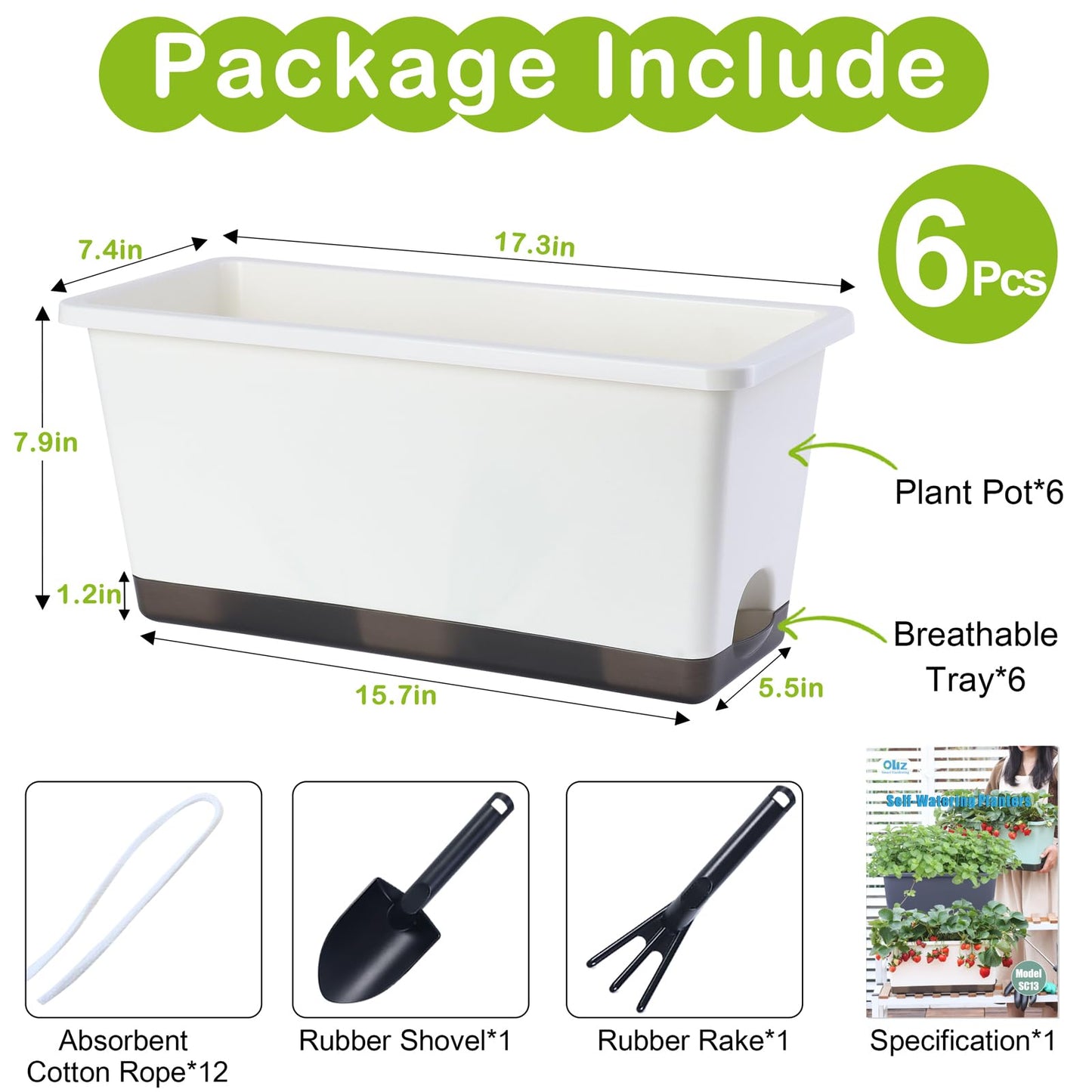 Window Box Planter 6 Pcs, 17 Inches Rectangle Flower Pots with Drainage Holes and Trays, Vegetable Planters for Windowsill Patio Garden Balcony Home Porch Yard Indoor Outdoor (White, 17*7.4*7.8 inch)