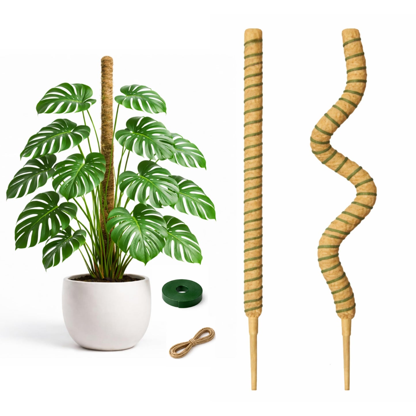 Moss Pole for Monstera, 2 Pack 48” Coco Coir Plant Support Pole for Climbing Plants with Flexible 5mm Aluminum Core, Plant Stake for Pothos & Philodendron, Monstera Support – Velcro & Jute Rope