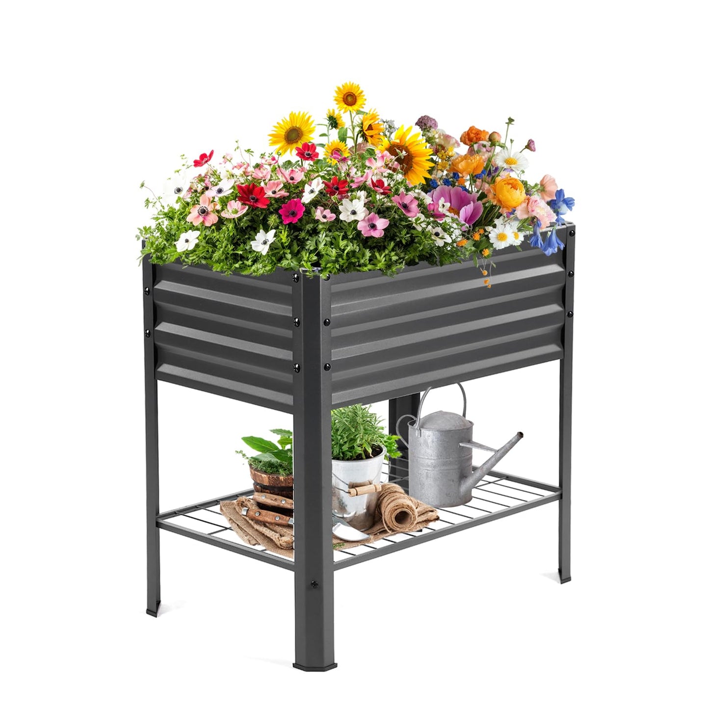 Veezyo Raised Garden Bed with Legs and Shelf, 2pcs 32"x20"x31.5" Elevated Metal Planter with Legs for Outdoor Vegetables and Herbs, Standing Raised Beds for Balcony, Patio, Lawn and Backyard