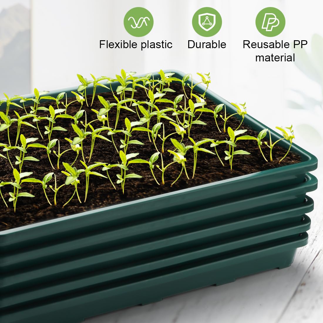 RooTrimmer 5 Pack Seed Starter Trays (17"x11"x2"), Plastic Flat Nursery Pots Trays, Durable Carrying Seedling Starter Tray, Reusable Tray for Planting and Collecting Drainage Water (Green)