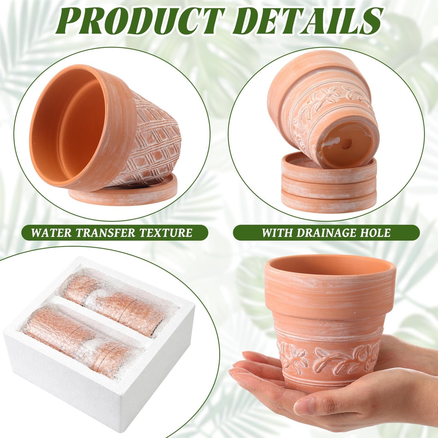 Maxdot Set of 6 Embossed Succulent Pots 4" Small Terracotta Pots with Drainage Hole Saucer Mini Rustic Clay Succulent Planter Pot Decorative Ceramic Cactu Flower Pot for Indoor Outdoor(Lattice Leaf)