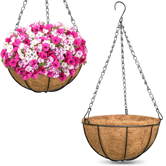 ZeeDix Outdoor Hanging Baskets, 2 Pack 12 Inch Metal Round Wire Hanging Planter with Coconut Liners Replacement, Hanging Flower Pots for Outdoor Plants Flowers