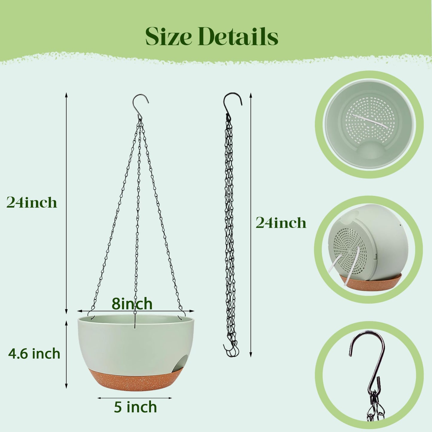 zople Set of 2-8 Inch Self Watering Hanging Planters for Indoor Outdoor，Hanging Plant Pots with Drainage & Removable Tray, Hanging Pots Holder for Ivy, Pothos, Ferns, Balcony & Patio, Green Brown