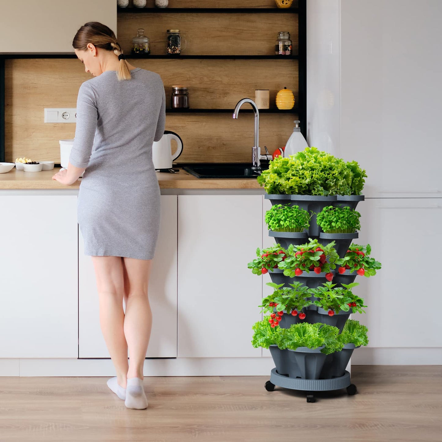 Tectsia Strawberry Vertical Planters Tower Garden 3 Pack, 7 Tiered Stacking Herb Vegetable Planter with Support Pole Indoor and Outdoor - Dark Grey