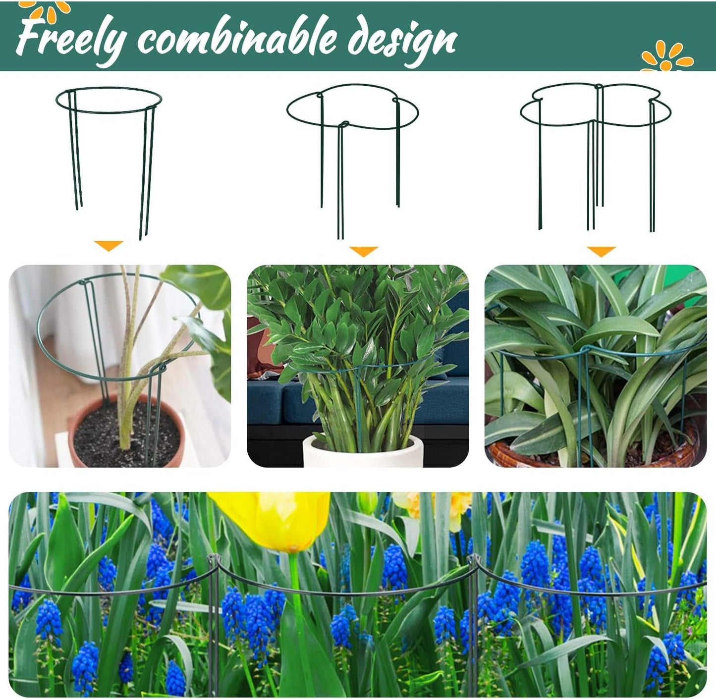 10 Pack Plant Support Stakes, 10" (W) x 16"(H) Half Round Heavy Duty Metal Garden Plant Cages for Outdoor Plants, Rust-Proof Durable Peony Cages and Supports with 10 Plant Clips and 20 Plant Ties