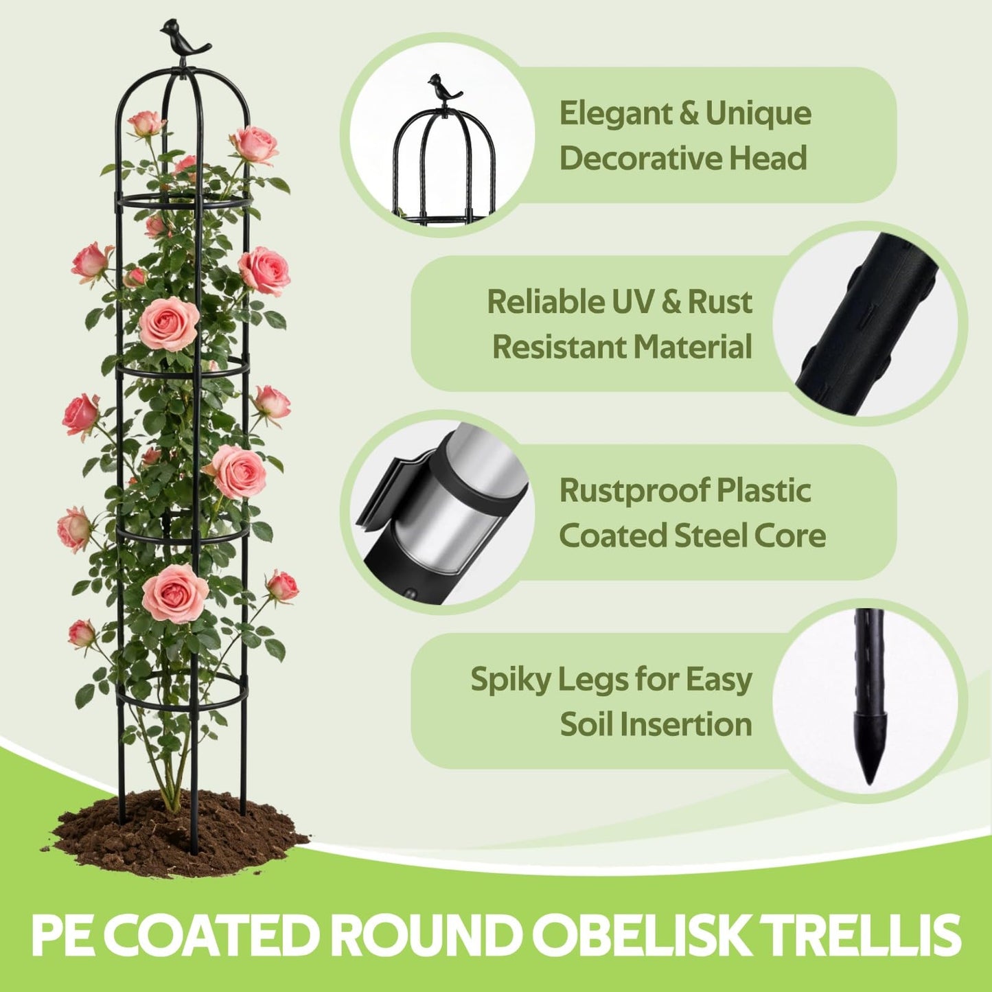 Jesosia Obelisk Trellis for Climbing Plants Outdoor - Heavy Duty Plastic Coated Steel Core Garden Arch Metal Trellis - Rustproof Tomato Cage Vertical Plant Support for Vines Vegetables Flowers Indoor