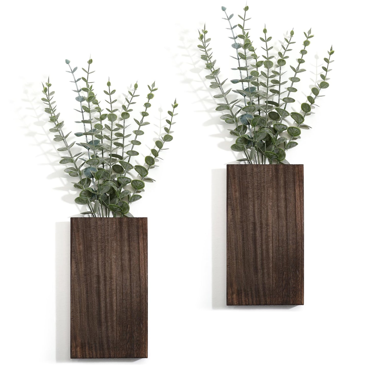 Vesici 2 Pack Wood Wall Planter Vase with Artificial Plants Indoor Plants Holder Pocket Farmhouse Wooden Vases Wall Flower Hanging Plant Decor for Bedroom Kitchen Office Home(Eucalyptus,Wood)
