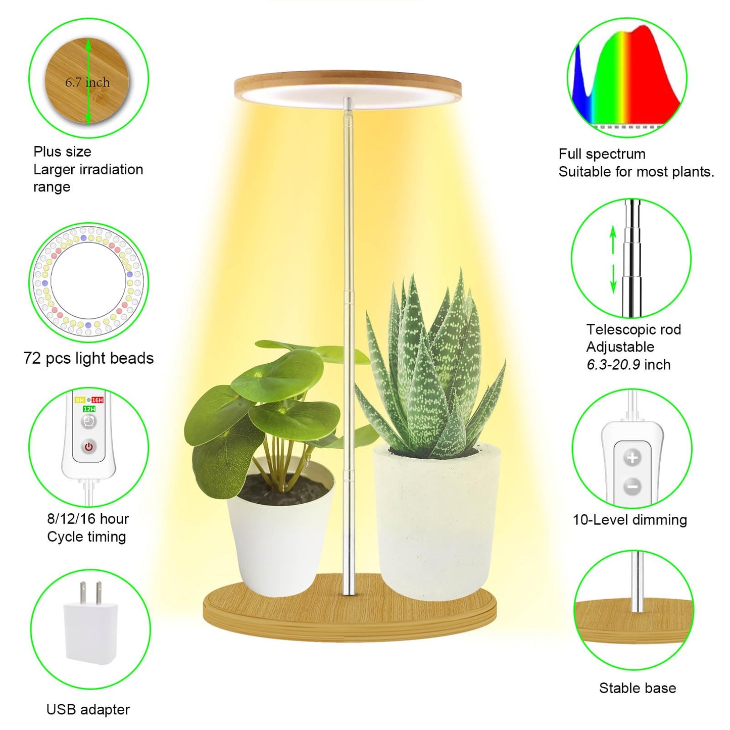 Plant Grow Light for Indoor Plant,Bamboo Mini LED Grow Light Garden,Height Adjustable,Automatic Timer with 8/12/16 Hours，2 Pack