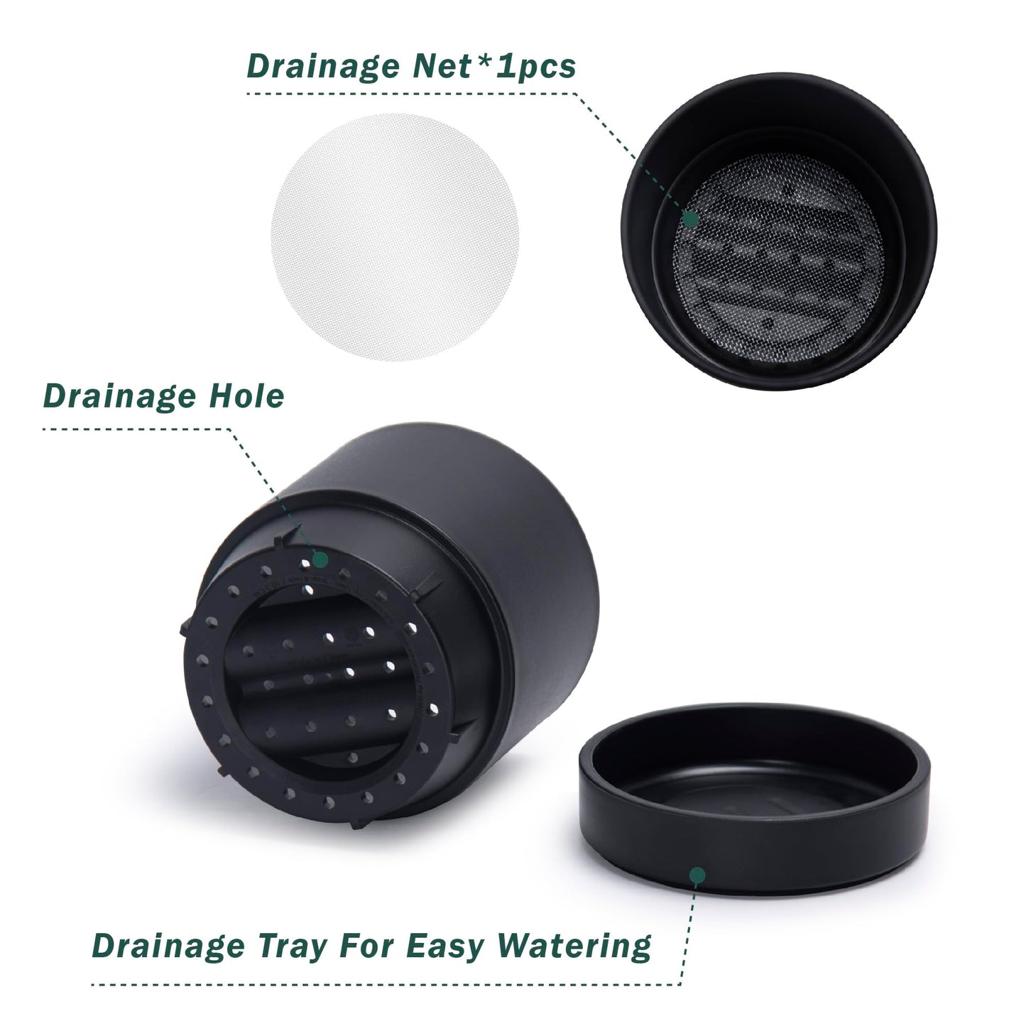 Phoenix Vine 4 Inch and 6 Inch Planter Pot with Drainage Hole & Deep Water Catch Tray Saucer, Straight Cylindrical Round Pot for Plants, Matte Black, 23-A-2-Z