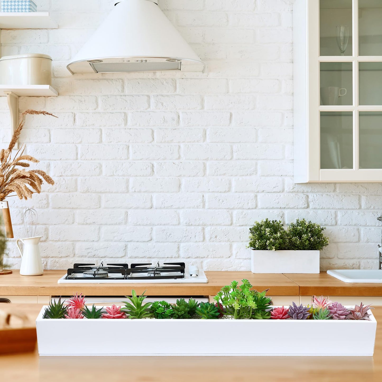FillTouch 1 Pcs Long Rectangular Planter Box Window Sill Plant Box Metal Water Trough Indoor Large Modern Steel with Drainage Holes Herb Garden Home (32 x 3.5 x 3.5 Inch,White)