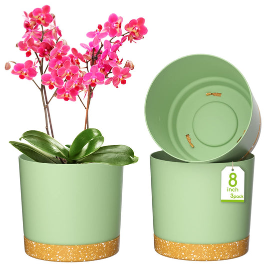 ZMTECH Spring Planters for Indoor Plants, Plant Pots & Flower Pots, Plastic Planter 3 Pack 8 Inch Self Watering with Drainage Hole and Saucer, Modern Decorative Indoor Outdoor, Green