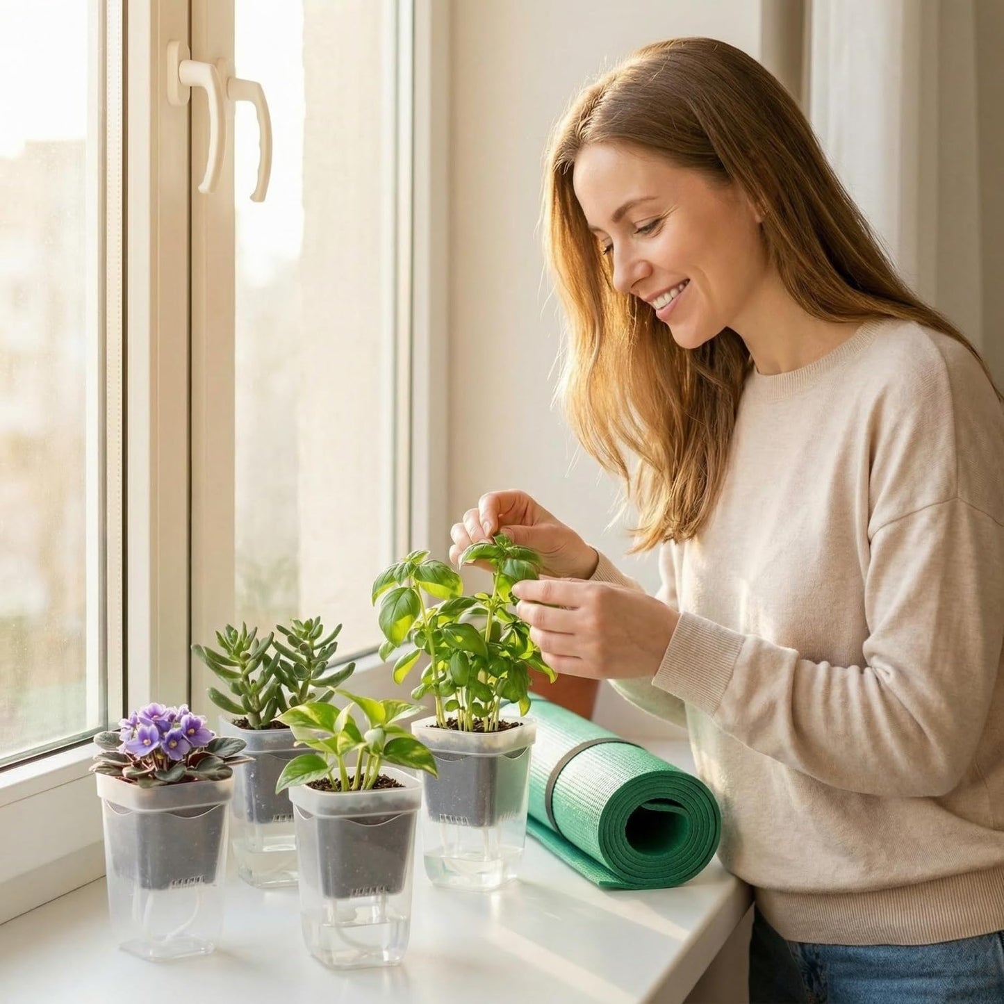 5 Pack 2" Mini Self Watering Pots for Indoor Plants, Small Self Watering Nursery Pots with Drainage Holes, Clear Plastic Plant Pots for Succulents, Cuttings, Herbs (Incl. 50x50cm Gardening Mat)