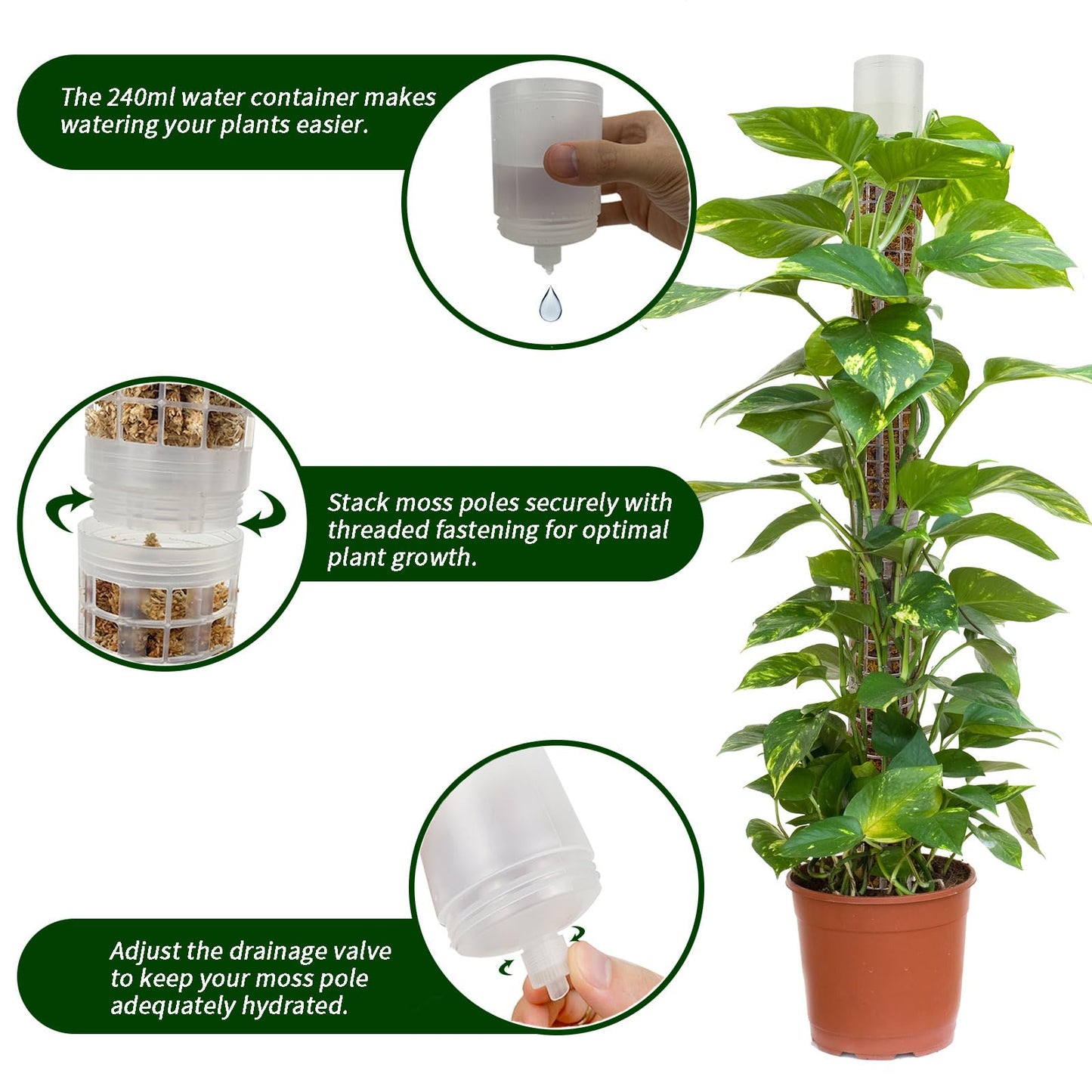 HYYZ Moss Pole 17.4 inch, 2 Pack Monstera Plant Support, Plastic Self-Watering, Stackable Design - Ideal for Medium to Large Plants
