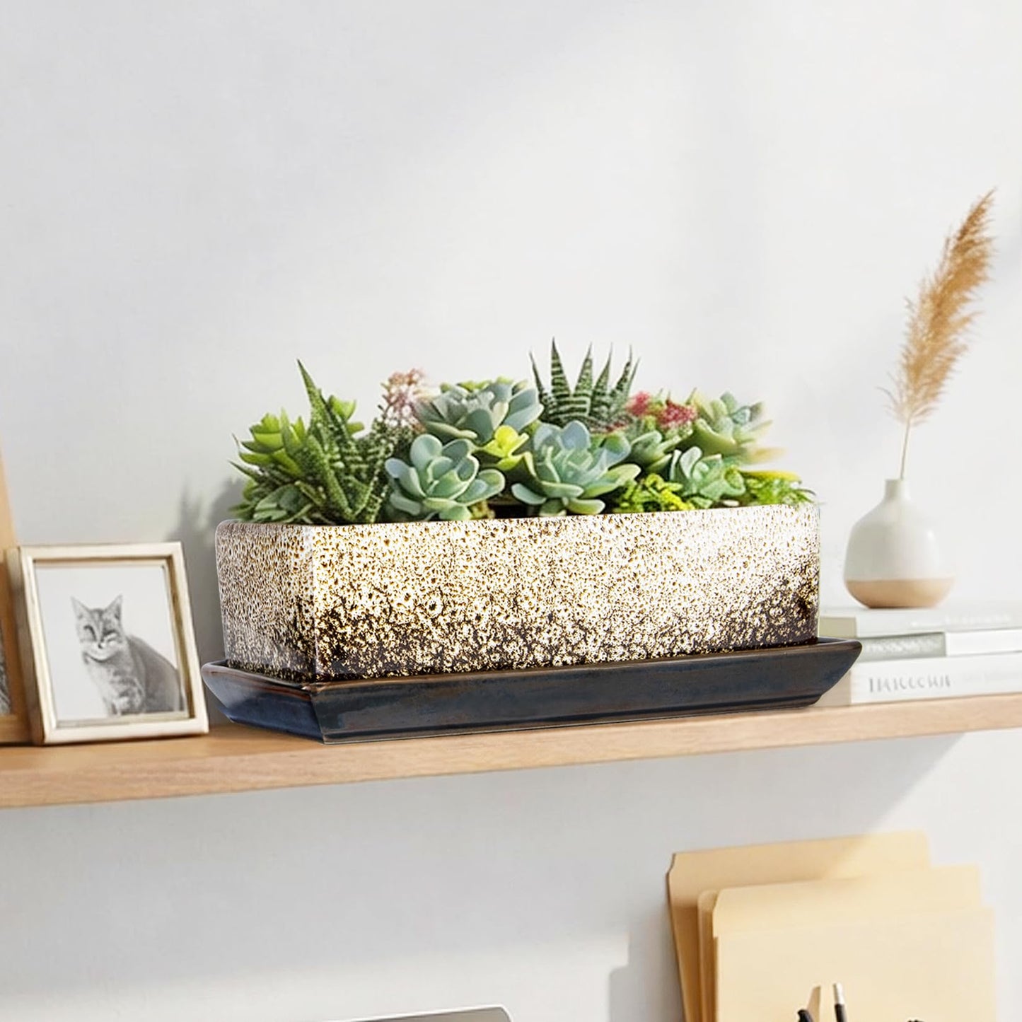 ARTKETTY Succulent Pots - Long Rectangle Succulent Planters with Drainage Tray, Window Sill Planter, Ceramic Pots for Indoor Cactus Plants Shallow Bonsai Window Box for Home Garden Decor