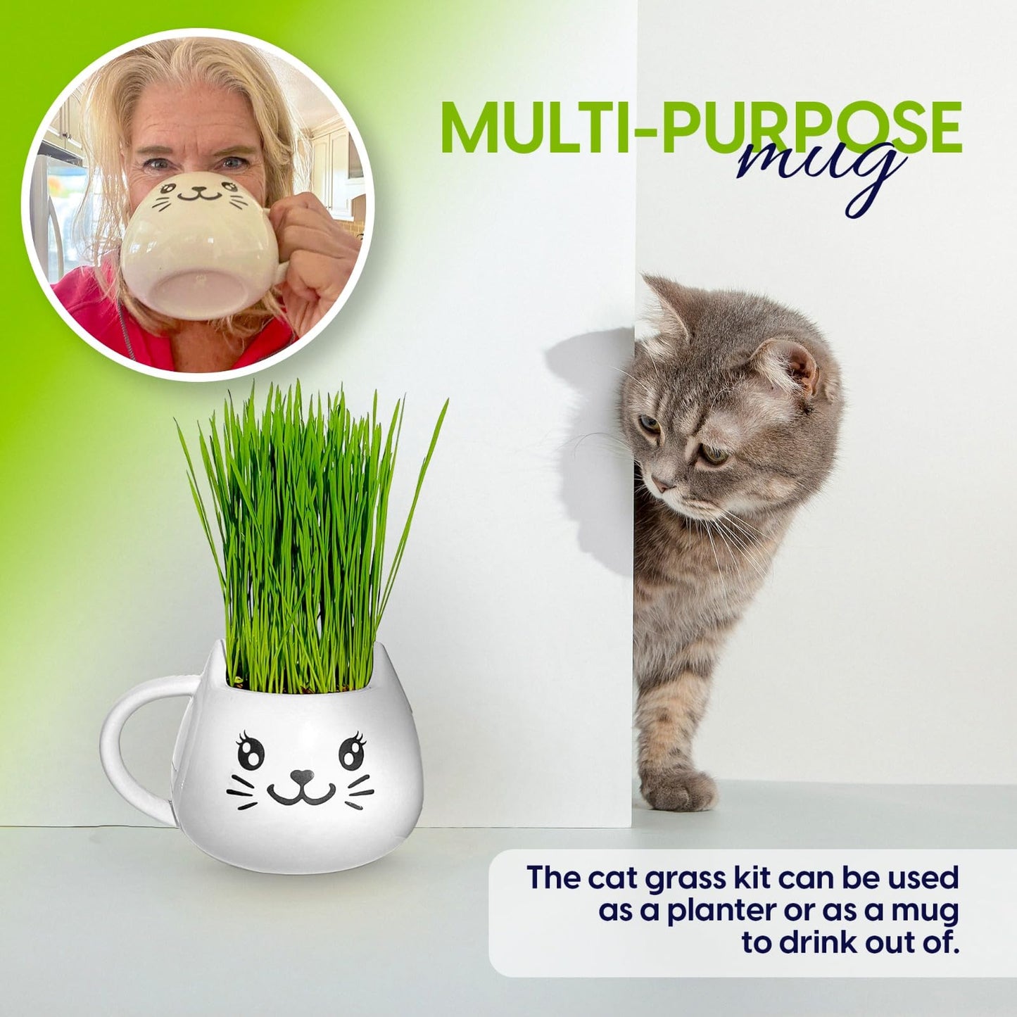 Organic Cat Grass Growing Kit - Promotes Natural Hairball Control and Digestive Wellness - Includes Organic Seed Mix, Nutrient-Rich Soil, and Stylish White Cat Planter