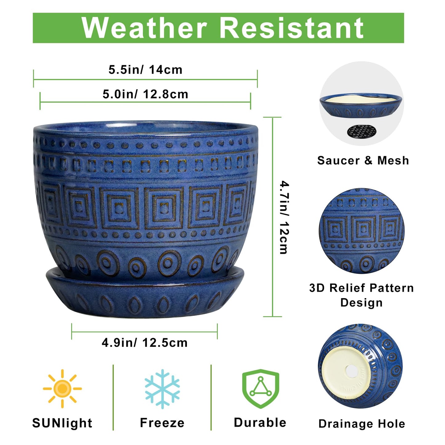 G EPGardening Plant Pots Indoor 5 Inch - Ceramic Pot for Plants with Drainage Hole and Saucer Round Planter Outdoor Modern Flower Pot Home Office Decor Blue