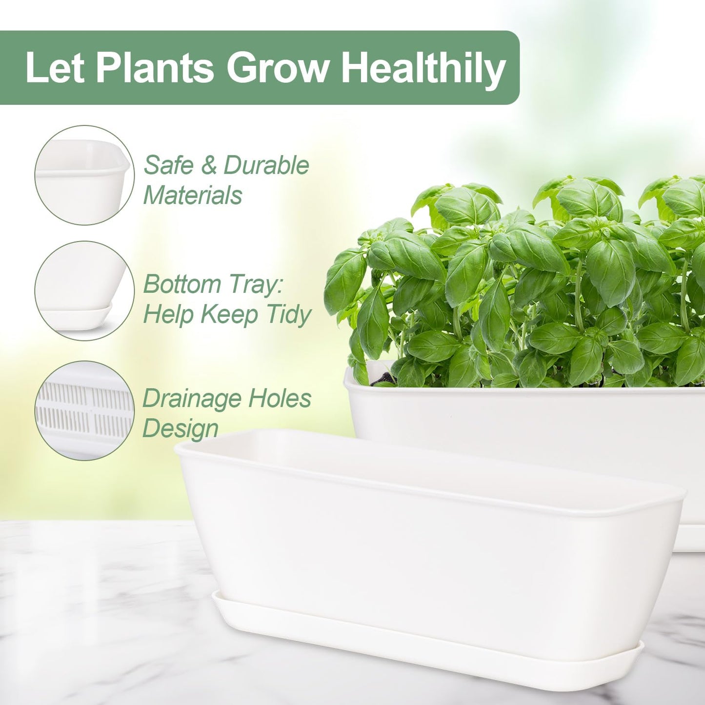 Oliz 4-Piece White Rectangular Window Sill Planters with Drainage Holes and Trays (11 Inches) for Basil, Orchids, and Succulents Modern Herb Garden Planters Suitable for Indoor/Outdoor Plants