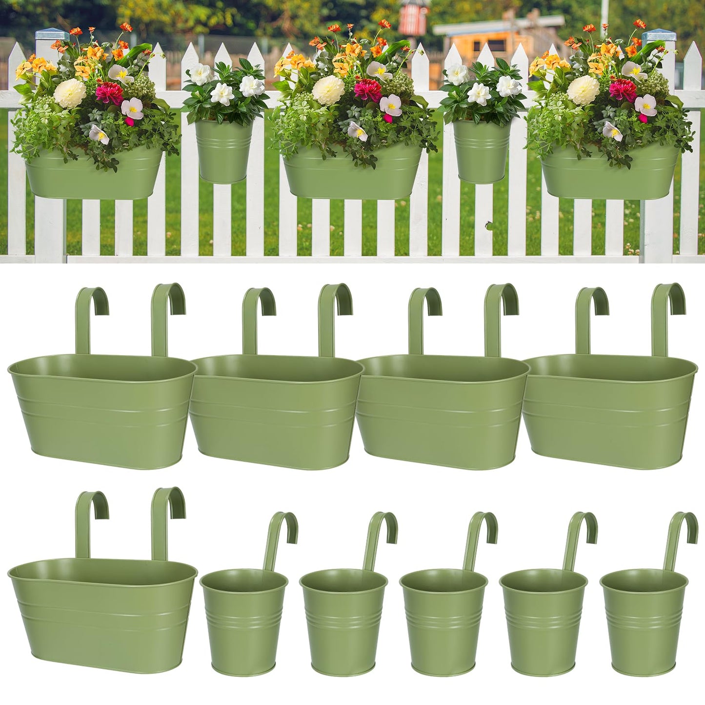 HowRU Metal Iron Flower Pots for Railing Fence Hanging Bucket Pots(5 Pcs) and Hanging Flower Pots Metal Iron Bucket Planter(10 Pcs) (Green)