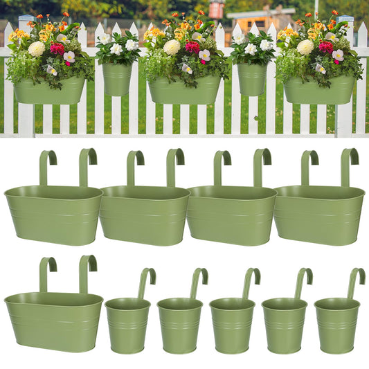 HowRU Metal Iron Flower Pots for Railing Fence Hanging Bucket Pots(5 Pcs) and Hanging Flower Pots Metal Iron Bucket Planter(10 Pcs) (Green)