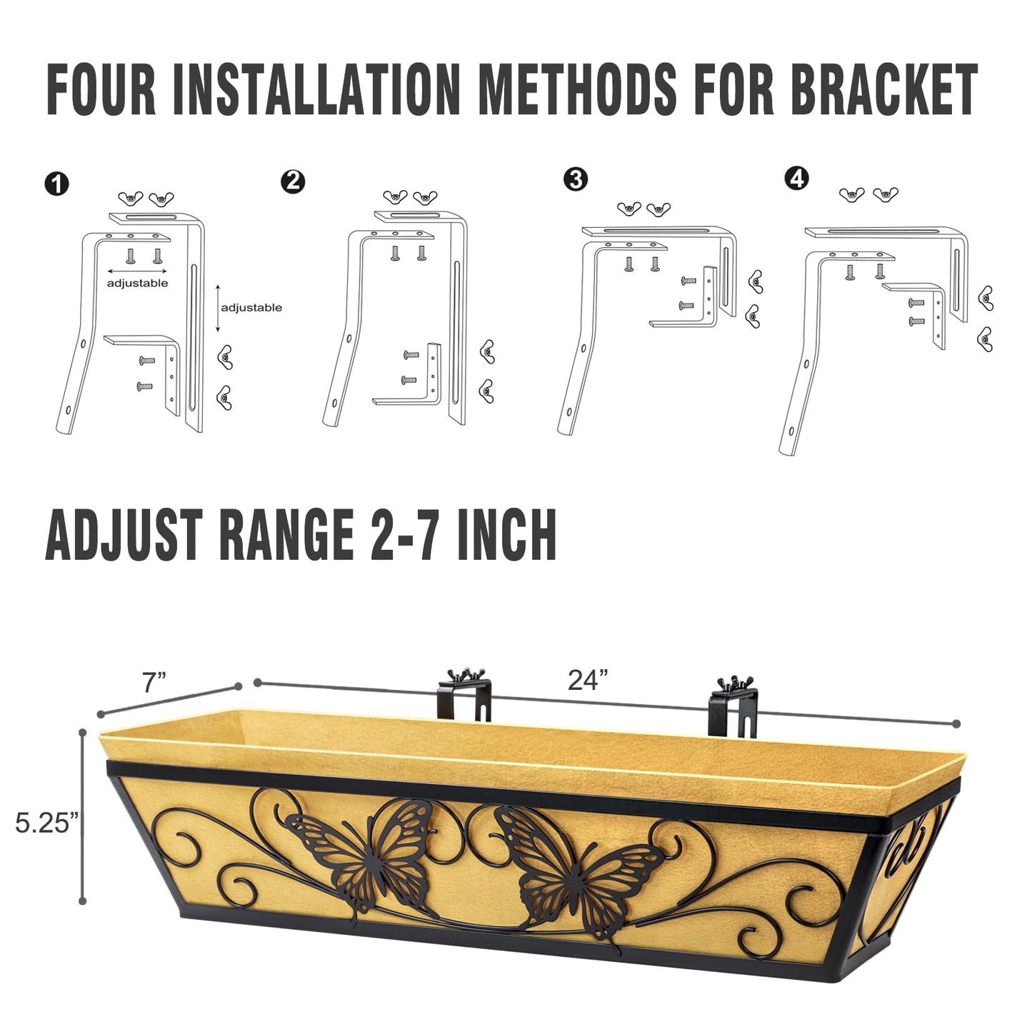 2 Pack 24 Inch Window Boxes Planter Railing Planters Box with Adjustable Brackets for Porch Deck Balcony Hanging Butterfly Decorative Flower Baskets & Non-Woven Fabric Liner for Outdoor Plants - Black