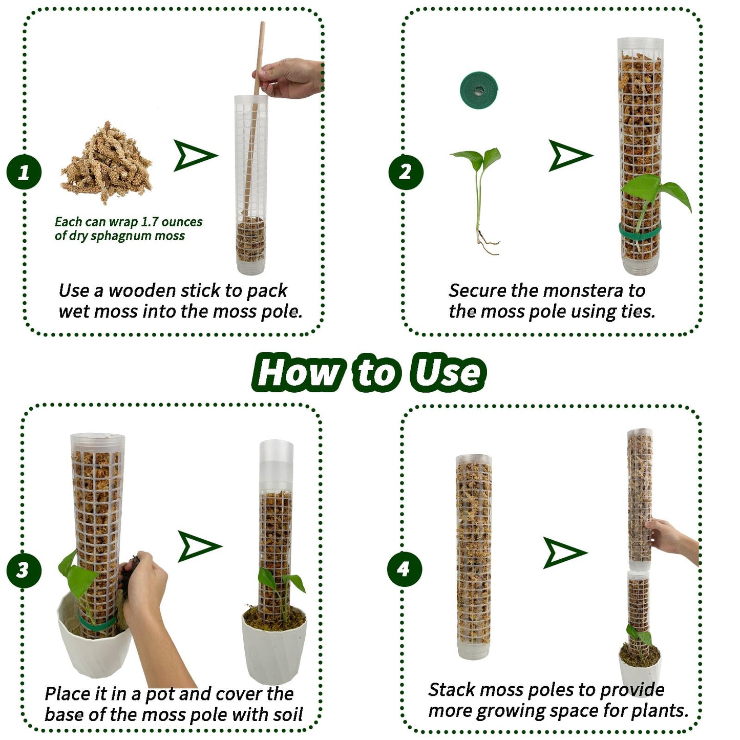 HYYZ Moss Pole 17.4 inch, 2 Pack Monstera Plant Support, Plastic Self-Watering, Stackable Design - Ideal for Medium to Large Plants