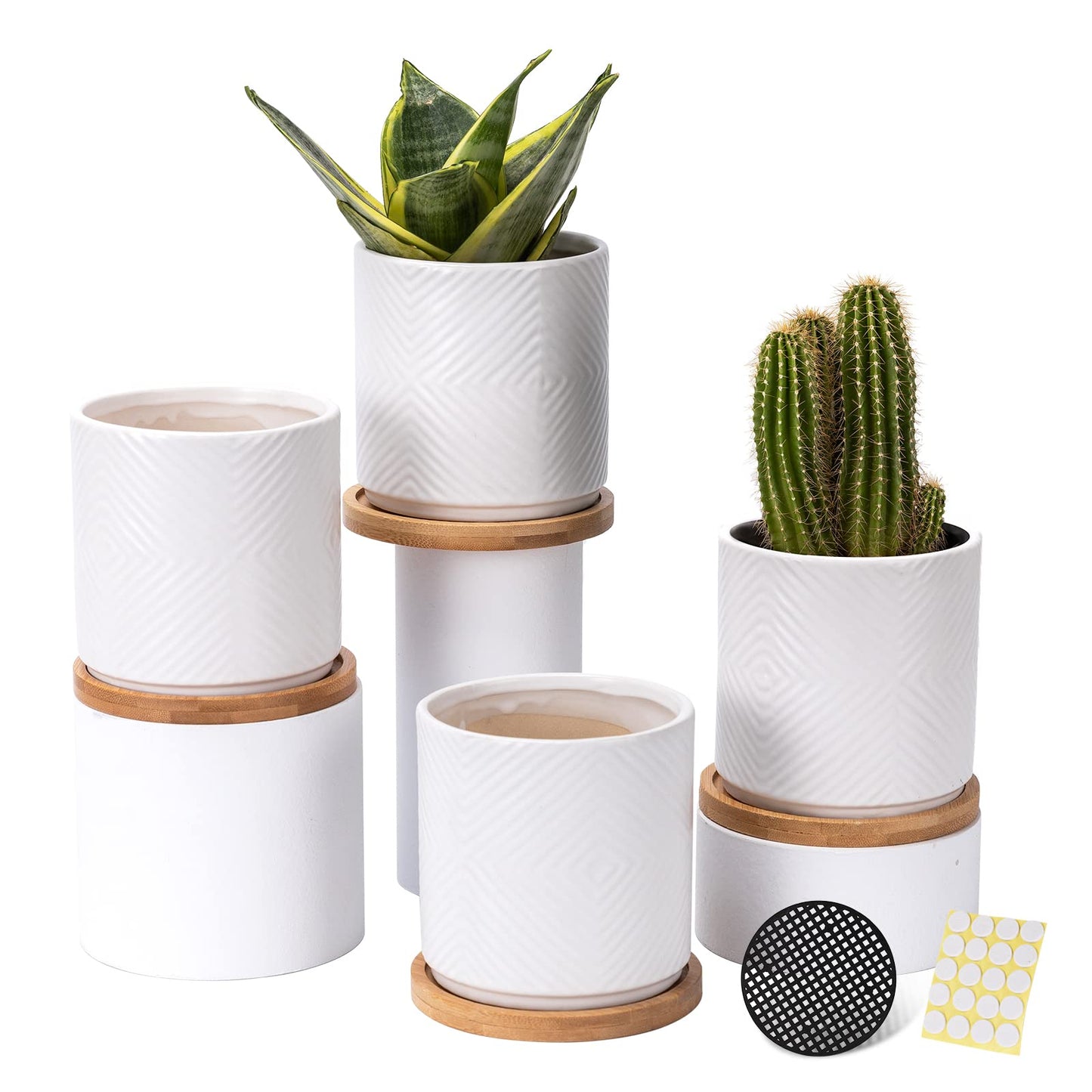 4 Inch Ceramic Planter with Drainage Hole and Saucer, Geometry Design Succulent Plant Pots, Flower Pot for Indoor & Outdoor Snake Plant Succulent Cactus & Herbs, Set of 4 (Plants Not Included )