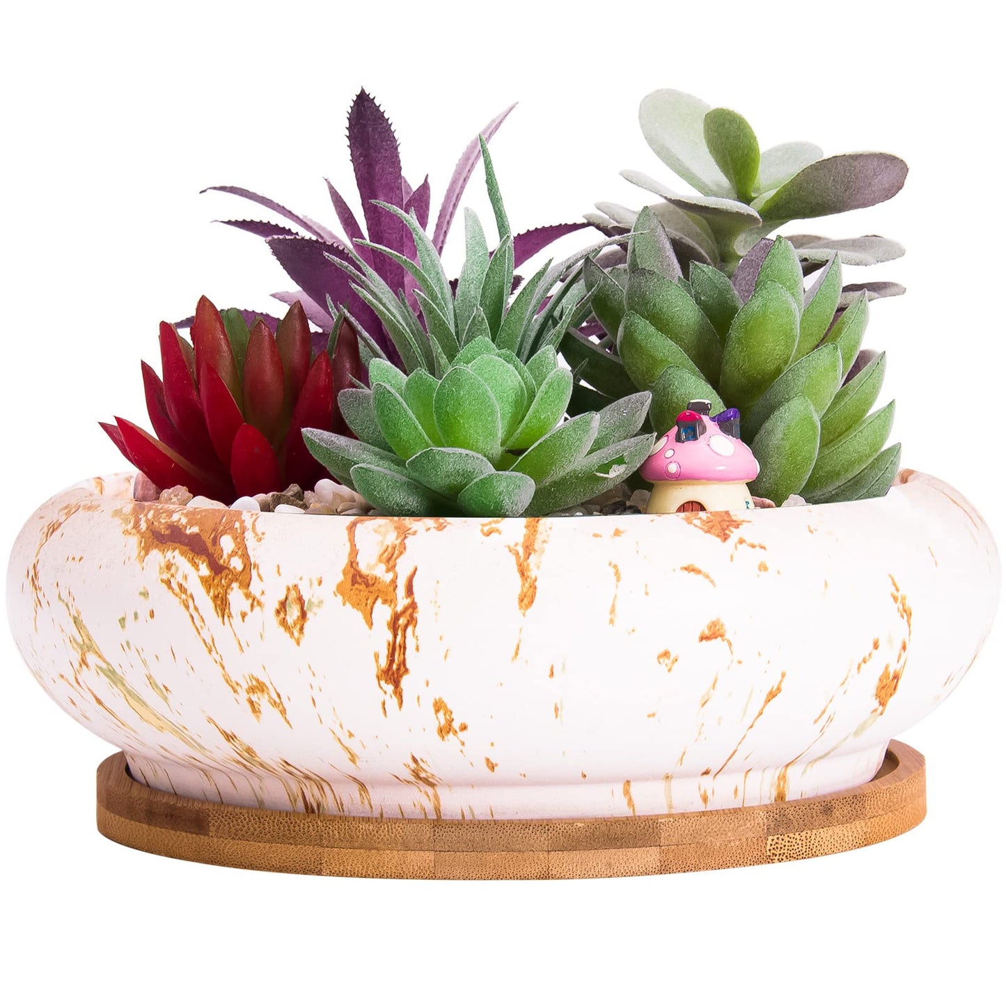 ARTKETTY Succulent Pots - 7.3 Inch Large Bonsai Pots with Drainage Tray, Ceramic Pots for Indoor Plants, Shallow Succulent Planters Marble Cactus Flower Plant Container Bowl