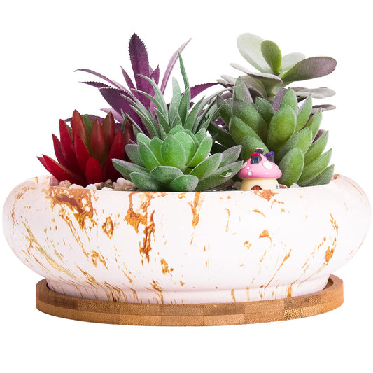 ARTKETTY Succulent Pots - 7.3 Inch Large Bonsai Pots with Drainage Tray, Ceramic Pots for Indoor Plants, Shallow Succulent Planters Marble Cactus Flower Plant Container Bowl