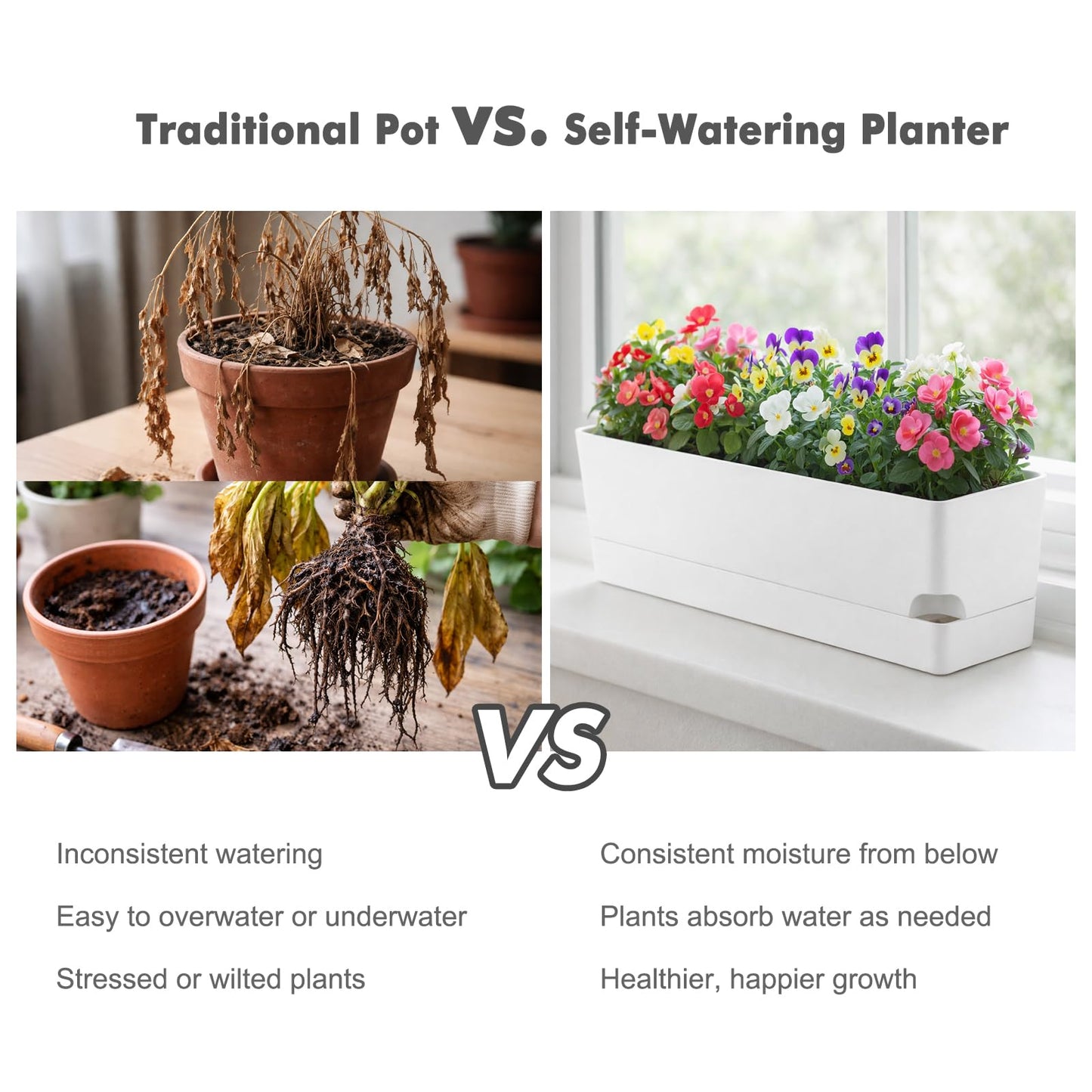 Party Zealot Window Boxes Planters, 5 Pack Self Watering Pots for Indoor Plants 17 Inch Rectangular Planter Rectangle Flower Pots Long Plant Pot Large Window Sill Herb Planter Box, White