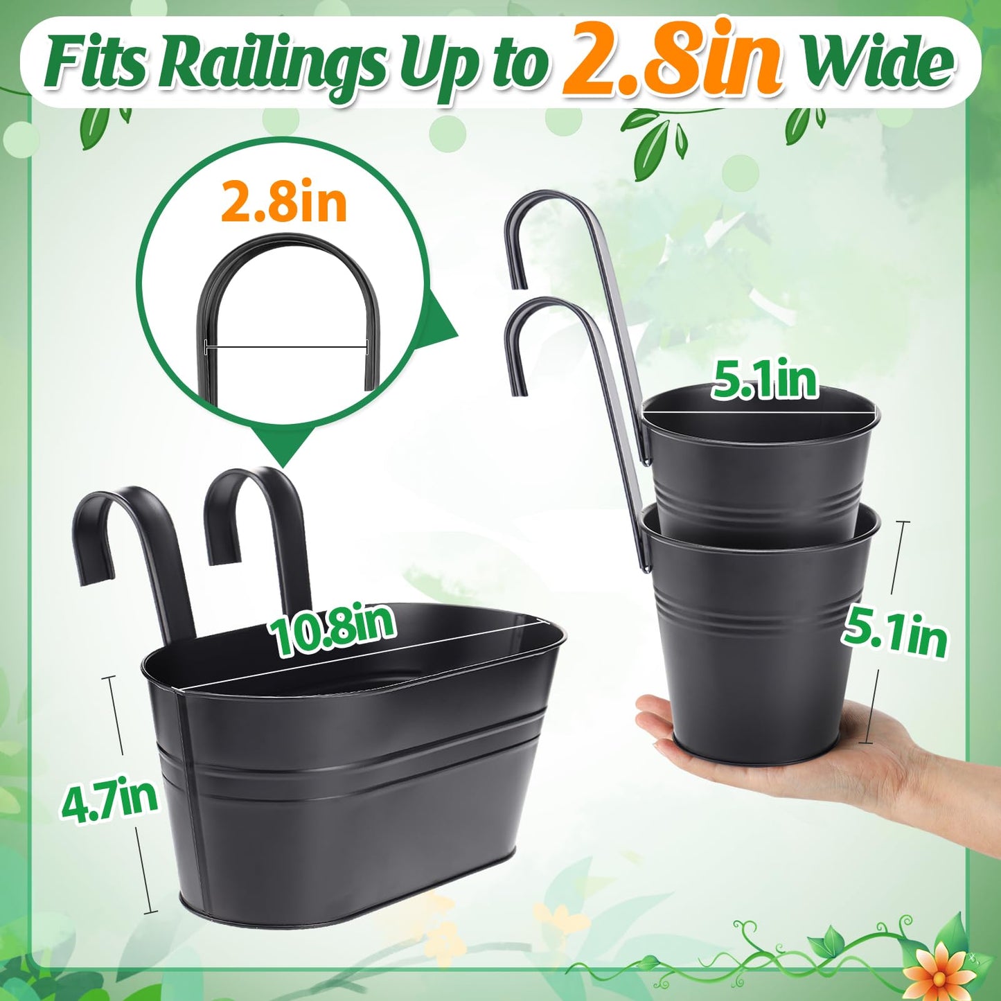 MADHOLLY Railing Planter with Drainage - 10.8" & 5.1" Bucket Pots for Balcony Railing, Metal Iron Hanging Flower Pots for Herb Planter Outdoor Deck & Rail Decor with Hook, Black (3Pcs)