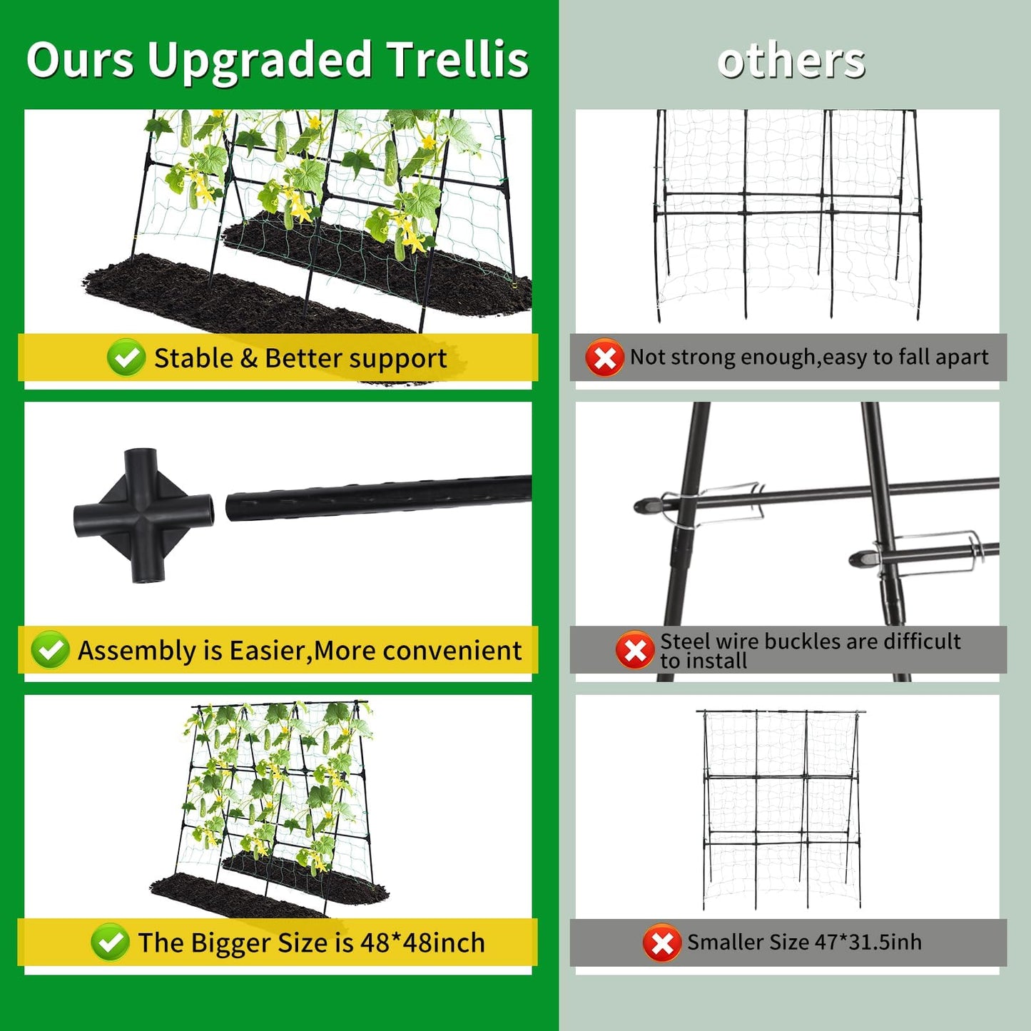 OTOSUNNY Garden Trellis for Climbing Plants Outdoor, Cucumber Trellis for Raised Bed Garden, A Frame Vine Plants Support for Vegetable Tomatoes Peas Pole Beans Trellis, 50x48 inch, with Netting, Black