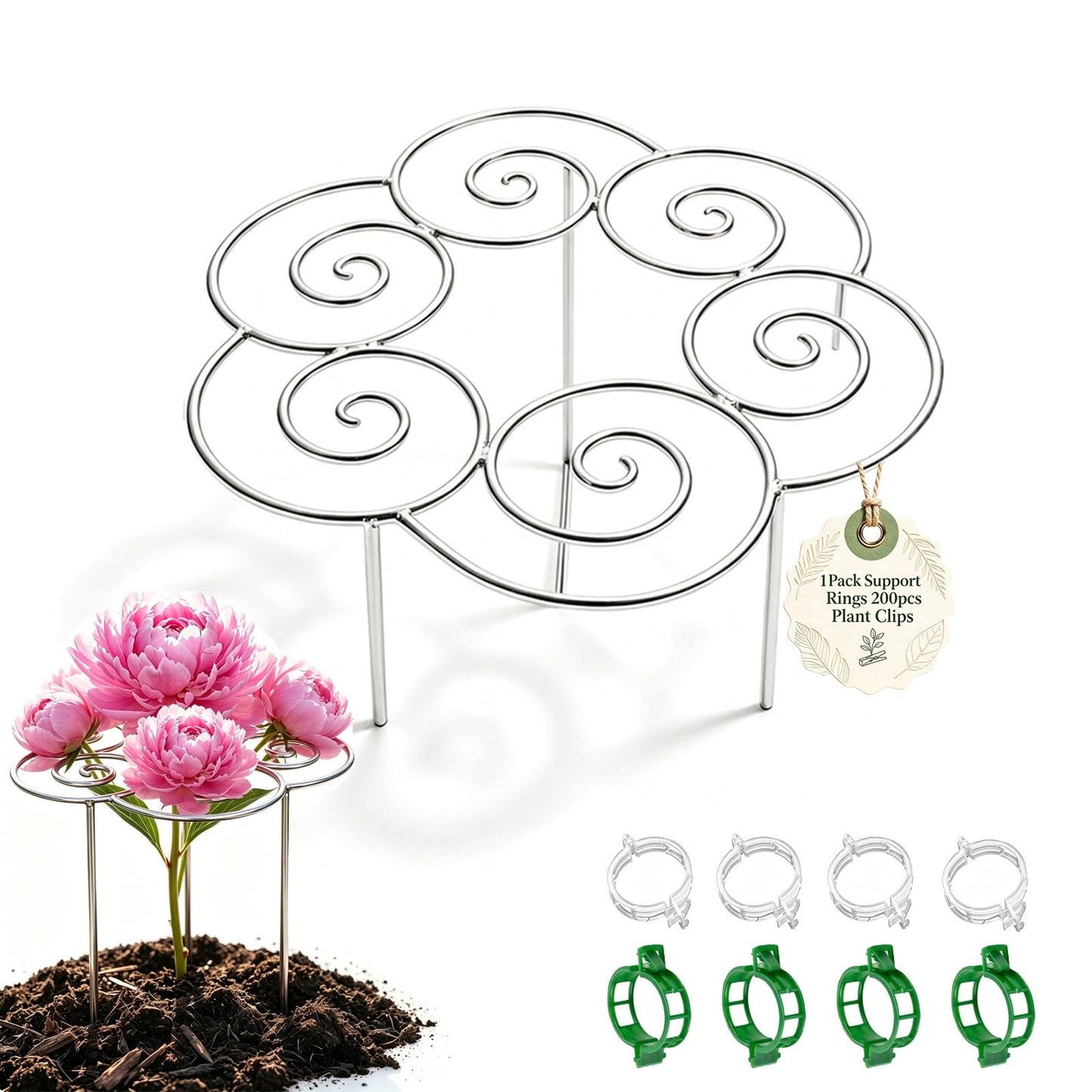 Frcychri Peonies Cages Supports, Heavy Duty Peony Plant Support Rings, Rustproof Silver Metal Grow Through Ring with 200PCS Plant Support Clips, Outdoor Indoor Pots Peony Gladiolus Tomato 1pcs,Medium