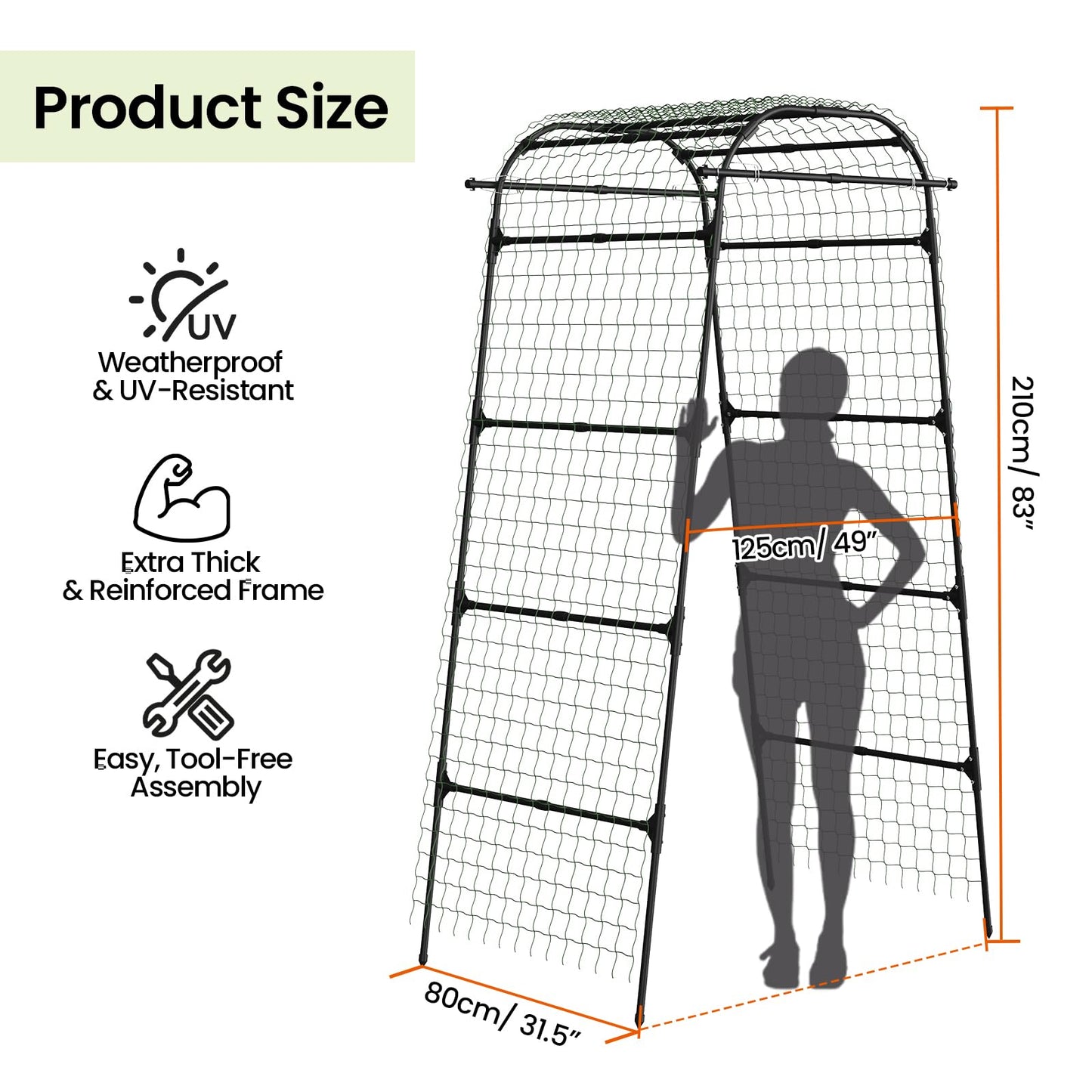 Garden Arch Trellis 83" H x 49" L x 31.5" W Heavy-Duty Plant Support with Nylon Netting & 100 Leaf Ties – Reusable Climbing Trellis for Tomatoes, Cucumbers, Beans & Flowers