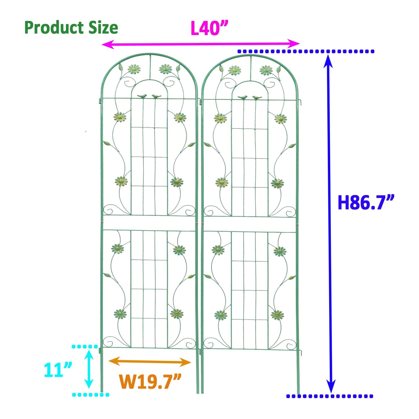 2 Pack Garden Trellis for Climbing Plants 86.7'' x 19.7'' ，Green Metal Garden Trellis，Heavy Duty Rustproof Plant Trellis for Rose Vegetable Cucumber