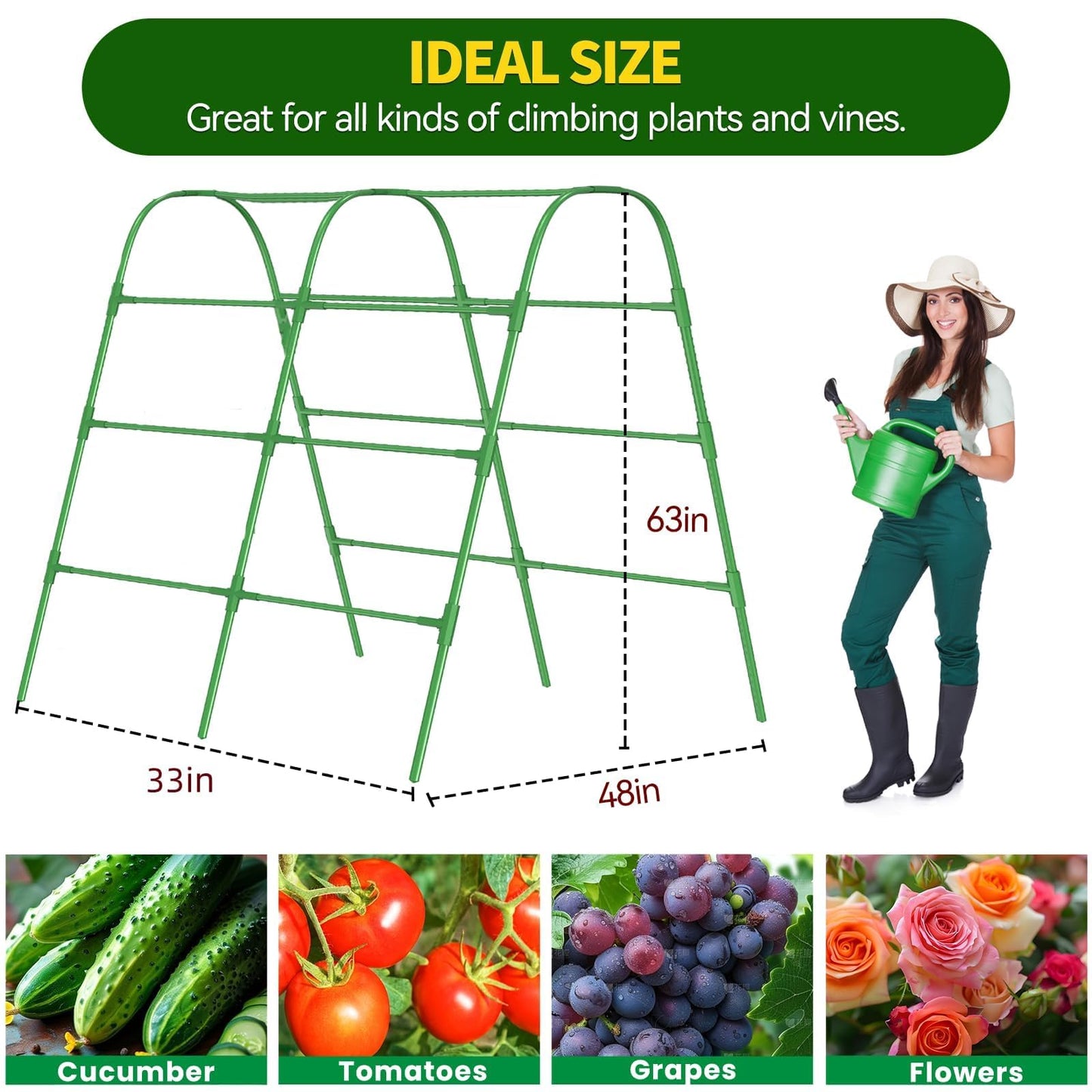 63" Tall Garden Trellis for Raised Bed Metal U-Frame Arch Tunnel Tomato Cage Plant Stakes Support with Garden Netting for Cucumber,Grapes,Peas, Zucchini,Vine,Bean,Flowers