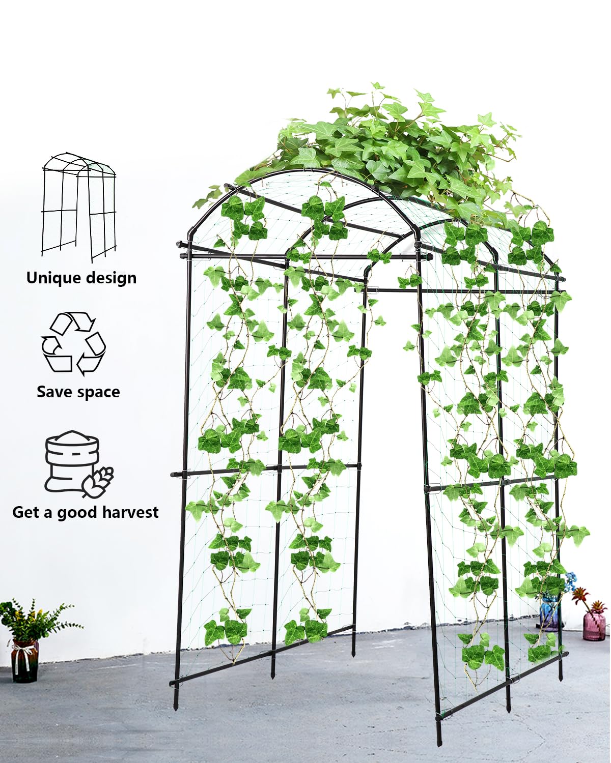 FAHKNS Garden Arch Trellis 7FT Extra Tall, Garden Trellis for Climbing Plants Outdoor, Polyethylene-Coated Stainless Steel Cucumber Trellis with Clips Trellis Netting