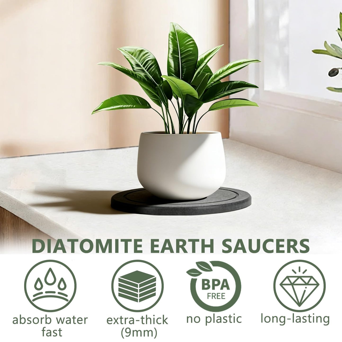Ismosm Diatomaceous Earth Plant Saucer Set, 3 Pack, Gray, 6 or 8 Inch Diameter, Indoor Outdoor Planter Drip Tray with Non-Slip Pads (8 Inch)