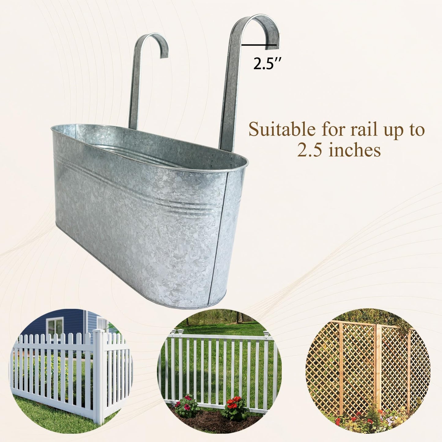 Joyfernal Balcony Galvanized Hanging Planters Railing Flower Pots, Outdoor Metal Fence Planter Pot with Detachable Hooks Drain Hole for Garden Patio Yard Decor (17 Inch, 6Pcs)